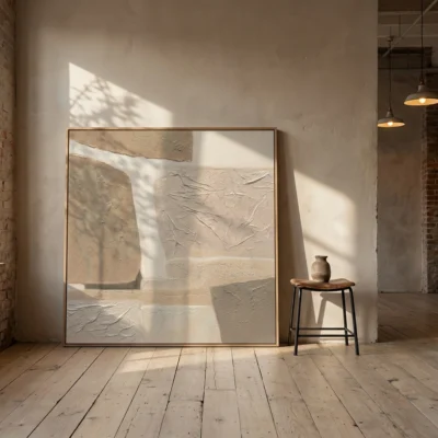 Crumpled Terrain textured wall art shown framed on the wall in a styled interior