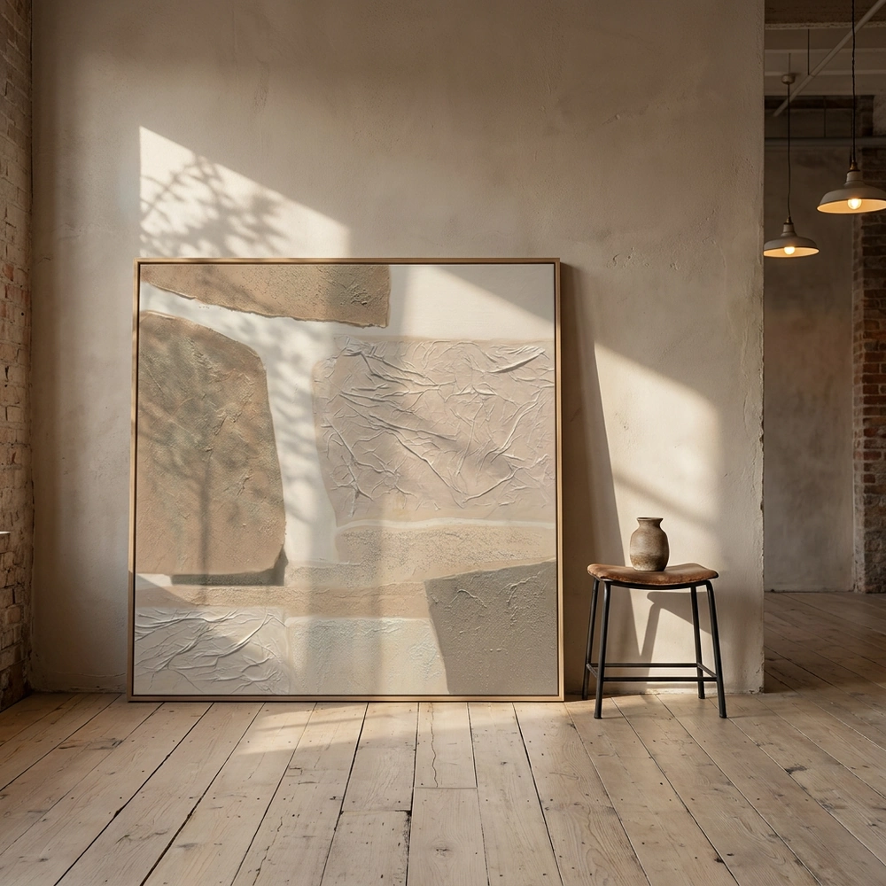 Crumpled Terrain textured wall art shown framed on the wall in a styled interior