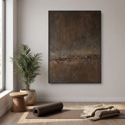 Somber Terrain textured wall art shown framed on the wall in a styled interior