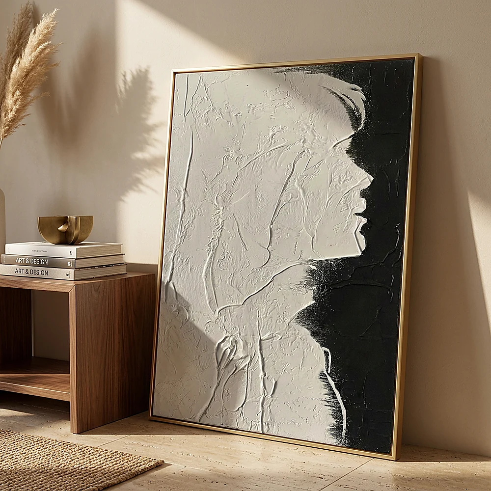 Raised Profile textured wall art shown framed on the wall in a styled interior