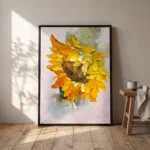 Sunflower Sculpt textured wall art shown framed on the wall in a styled interior
