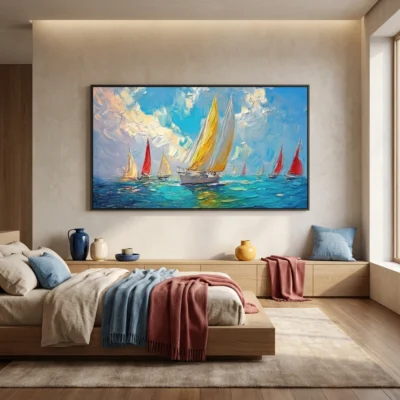 Regatta Sky textured wall art shown framed on the wall in a styled interior