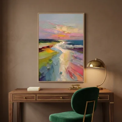 Pastel Shoreline textured wall art shown framed on the wall in a styled interior