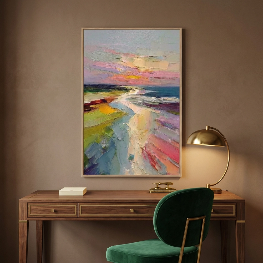 Pastel Shoreline textured wall art shown framed on the wall in a styled interior