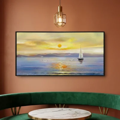 Golden Sail Serenity textured wall art shown framed on the wall in a styled interior