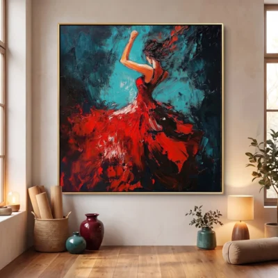 Scarlet Whirl textured wall art shown framed on the wall in a styled interior