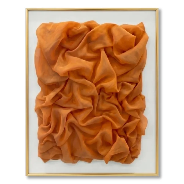 Solid terracotta pleated fabric relief with all-over ruched texture, gold thin frame