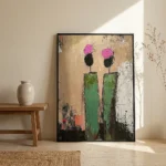 Garden Sentries textured wall art shown framed on the wall in a styled interior