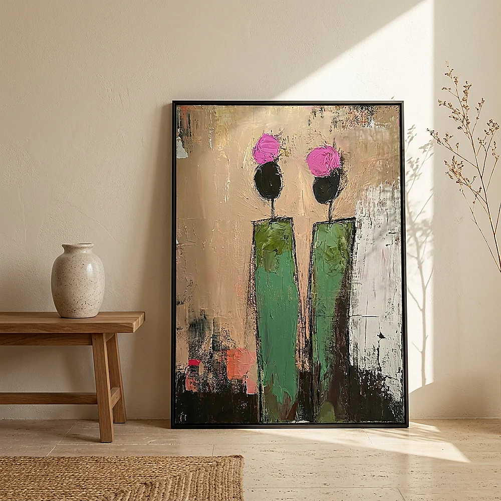 Garden Sentries textured wall art shown framed on the wall in a styled interior