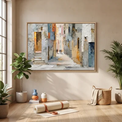 Stone Passage textured wall art shown framed on the wall in a styled interior