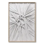 Pleated ivory fabric strips radiating from a central knot in raised relief on raw linen, set in a natural wood frame.