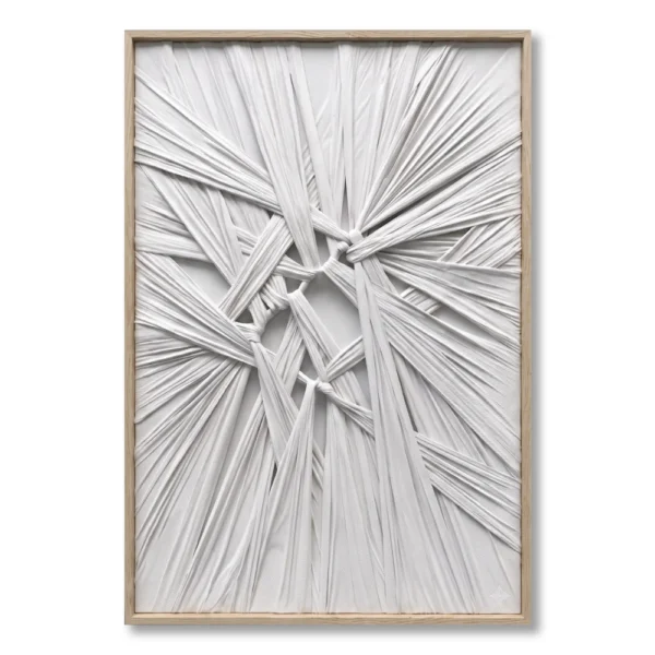 Pleated ivory fabric strips radiating from a central knot in raised relief on raw linen, set in a natural wood frame.