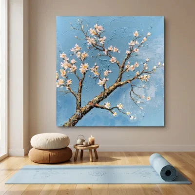 Blue Blossom Spray textured wall art shown framed on the wall in a styled interior