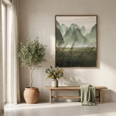 Tranquil Reeds textured wall art shown framed on the wall in a styled interior