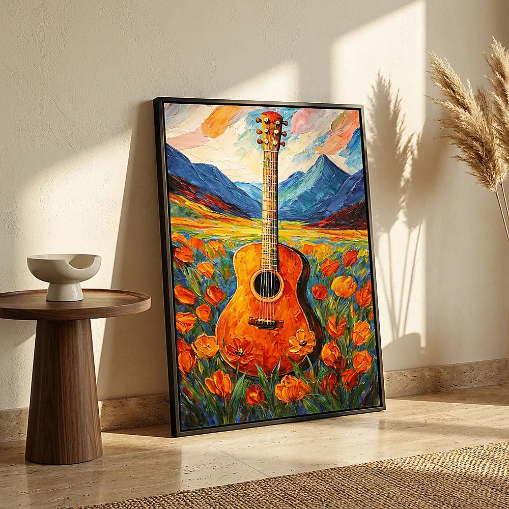 Guitar in Bloom textured wall art shown framed on the wall in a styled interior