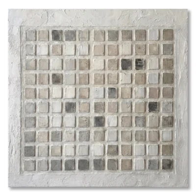 Rough Mosaic textured wall art shown framed on the wall in a styled interior
