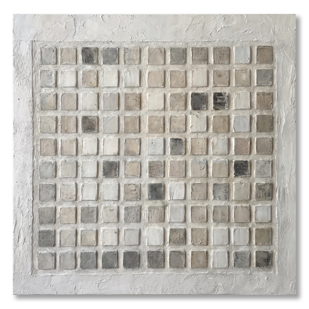 Rough Mosaic textured wall art shown framed on the wall in a styled interior