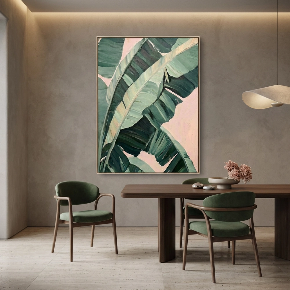 Blush Palm textured wall art shown framed on the wall in a styled interior