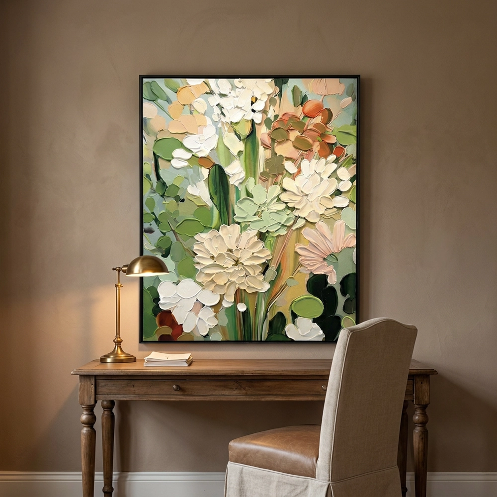 Lush Petal Texture textured wall art shown framed on the wall in a styled interior