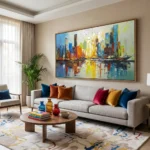 Vibrant Metropolis textured wall art shown framed on the wall in a styled interior