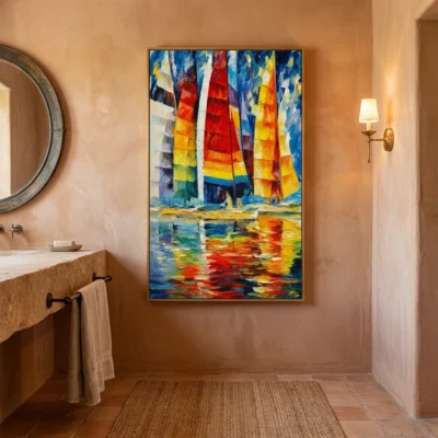 Vibrant Regatta textured wall art shown framed on the wall in a styled interior