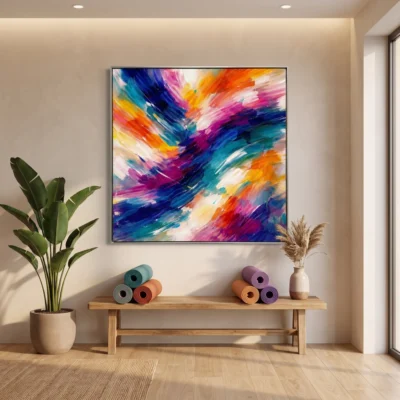 Vibrant Tides textured wall art shown framed on the wall in a styled interior