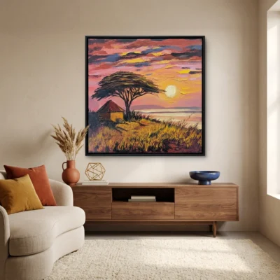 Thatched Horizon textured wall art shown framed on the wall in a styled interior