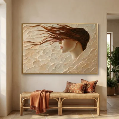 Whispering Breeze textured wall art shown framed on the wall in a styled interior