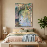 Whispering Pond textured wall art shown framed on the wall in a styled interior