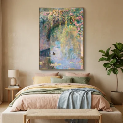 Whispering Pond textured wall art shown framed on the wall in a styled interior