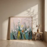 Wildflower Symphony textured wall art shown framed on the wall in a styled interior