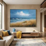 Windswept Shore textured wall art shown framed on the wall in a styled interior