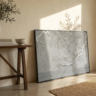 Winter Frost textured wall art shown framed on the wall in a styled interior