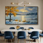 Winter Glow textured wall art shown framed on the wall in a styled interior