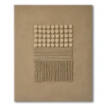 Taupe raised relief in a graduated grid of circles, lines and vertical sticks, raw canvas edge