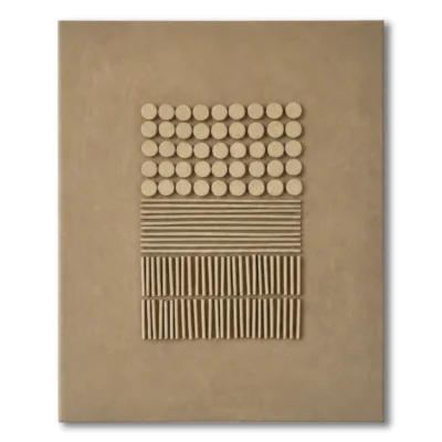 Taupe raised relief in a graduated grid of circles, lines and vertical sticks, raw canvas edge