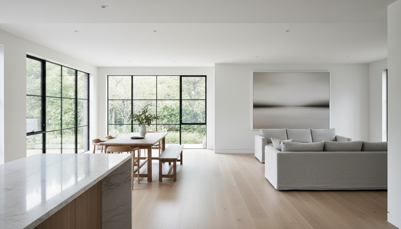 Open-plan living and dining room viewed from the kitchen bench, showing the distance from which wall art is seen