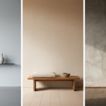 Three interior wall treatments side by side comparing minimalist, Japandi and wabi-sabi styles