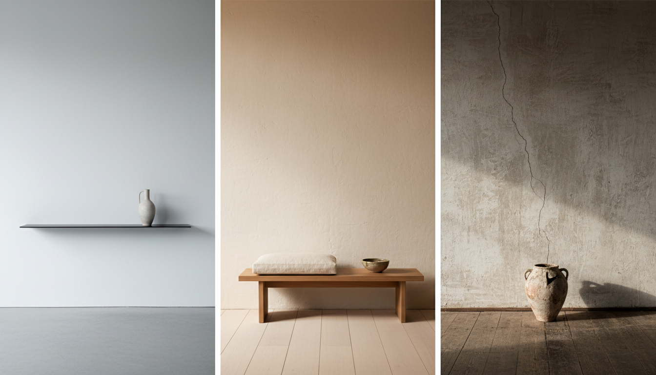 Three interior wall treatments side by side comparing minimalist, Japandi and wabi-sabi styles