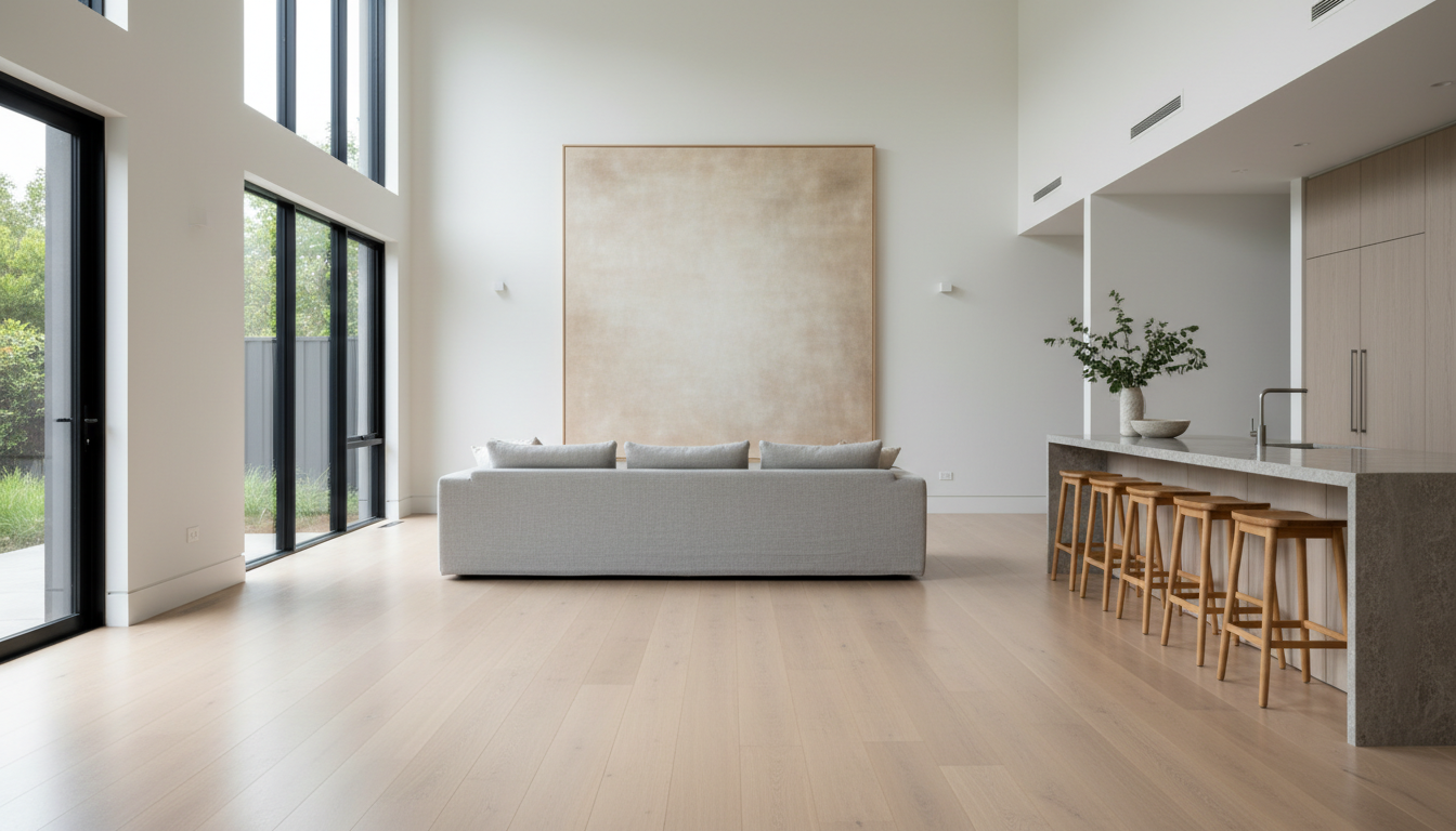 Large landscape canvas above a sofa in an open-plan Australian living room with high ceilings and pale oak floors
