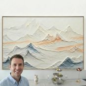 Textured contemporary landscape painting depicting layered snow-capped mountains in cream, white, and soft blue tones, hand-painted canvas in modern interior