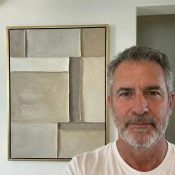 Minimalist abstract hand-painted canvas with layered geometric rectangles in cream, taupe, and soft beige tones, contemporary interior