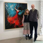 Gestural expressionist hand-painted canvas depicting a passionate dancer in vibrant red and deep teal tones, gallery setting